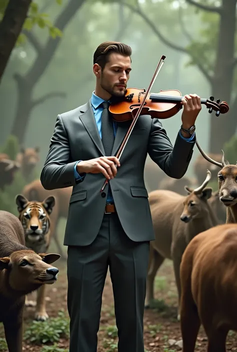 Handsome man dressed in an elegant gray suit with blue shirt and gray tie playing a violin musical magic to calm beasts