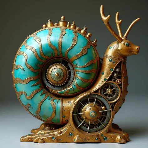 a steampunk machine made of gold and blue topaz that was designed many years ago by the Egyptians and is shaped like a snail shell