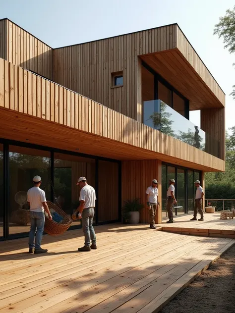 Create an image of a group of carpenters building a sustainable house made of wood and black aluminum, protected on the outside by treated American oak slats, where you can clearly see the texture of burnt wood .  The house has a large open terrace made of...