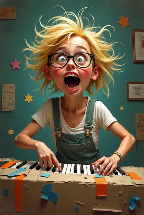 a blonde,WITH FRECKLES, wearing glasses,with a crazy face , her hair all disheveled , banging on a piano that looked more like a big box all patched up with adhesive tape and crepe tape