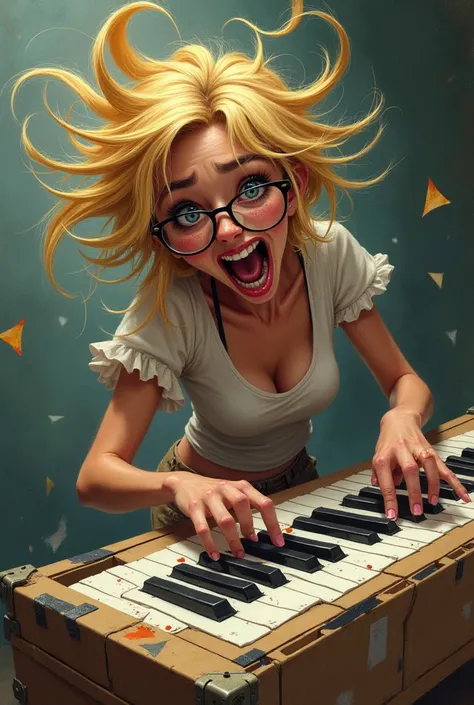 a blonde,WITH FRECKLES, wearing glasses,with a crazy face , her hair all disheveled , banging on a piano that looked more like a big box all patched up with adhesive tape and crepe tape