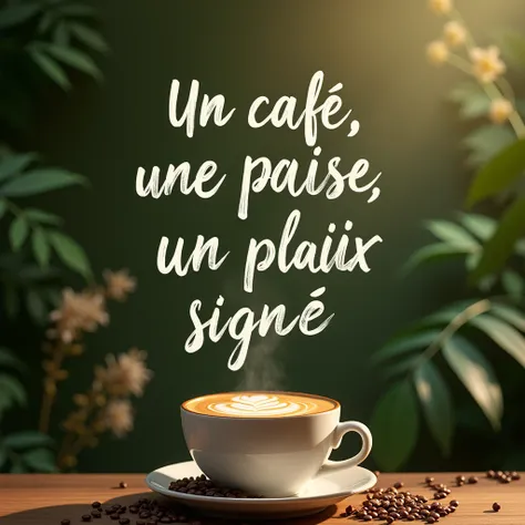 fais moi une image pour une campagne publicitaire de l’entreprise café feuillette avec en haut le slogan « Un café, une pause, un plaisir signé Feuillette. » écrit avec une belle écriture. Je veux des couleurs verte et une image qui représente bien la marq...