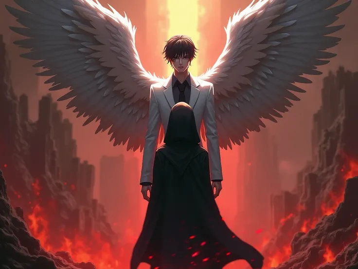 Lucifer short black hair white suit angry angel wings with entity woman black hoodie in hell medieval anime style 