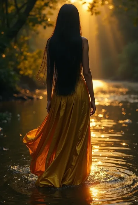 Beautiful Caucasian nymph with long straight black hair wearing golden sheets as a long dress. The side of a golden river is in utter darkness, which is the only thing that illuminates the scene.. Floor-length hair and its features are perfect. UNDERWORLD ...