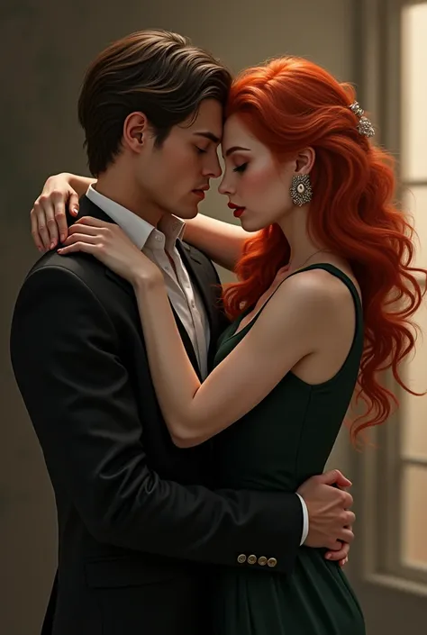  Redheaded Woman, gorgeous and elegant in the arms of an attractive man, Strong and elegant and another man twin brother at the bottom of their arms crossed 