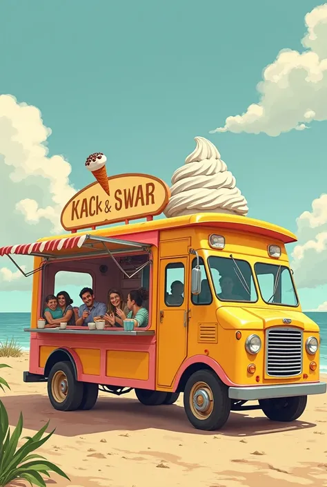  an artisanal ice cream food truck with a Northeastern theme,  without lace and minimalist . Add string designs and leave the colors like yellow , orange, brown,  white pink and teal ,  red, a little more vibrant , but not exaggerated
