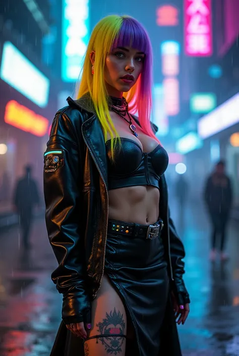 Full-length Cyberpunk girl with yellow neon hair,  gradient in purple at the tips , and very large F size breasts,  hair accentuated by a fitted top with neon inserts .  Holographic skin with neon tattoos . She is wearing a latex jacket,  decorated with ne...