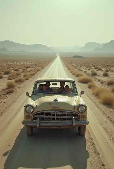 A family of 4 in a car on a desolate road
