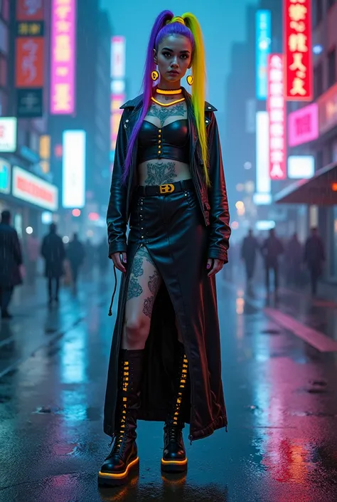  Full-length Cyberpunk girl with yellow neon hair in a high ponytail,  gradient in purple at the tips  , and very large F size breasts,  hair accentuated by a fitted top with neon inserts .  Holographic skin with neon tattoos . She is wearing a buttoned la...