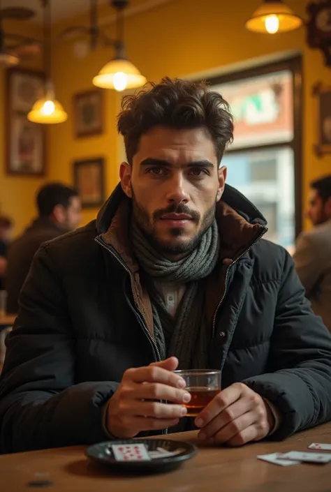 "A young man in his twenties sits on an old Egyptian Baladi coffee shop, wearing winter clothes, holding a small glass tea cup, and in front of him is an old wooden table with an ashtray and some playing cards. The background reflects the atmosphere of pop...