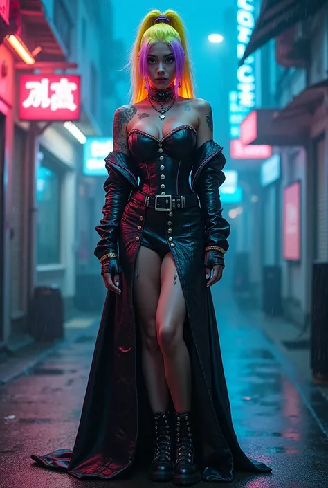 Full-length Cyberpunk girl with yellow neon hair in a high ponytail,  gradient in purple at the tips  , and very large F size breasts, accentuated by a fitted corset with neon inserts.  Holographic skin with neon tattoos . She is wearing a buttoned latex j...