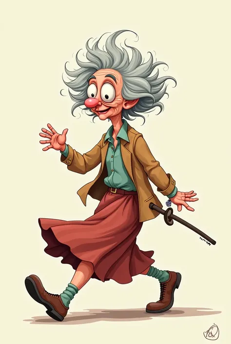 create an elderly crazy woman  cartoon with a full body walking to the right