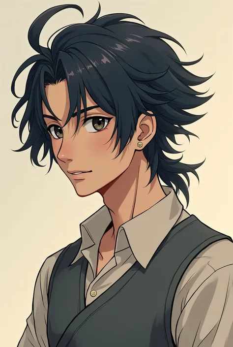  Create a student character ,  he is Brazilian but has the characteristics of a Japanese character.  His long hair that goes up to his neck , He wears layer cuts ( his haircut is like that of Miyamura from Horimya piece ),  he wears a piece around his ear ...