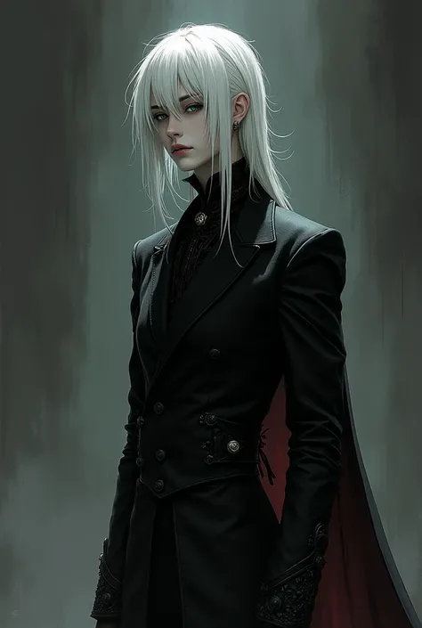 a stripped down drawing of a full body vampire, darkness, anime features, victorian clothes and white hair, semi realistic 