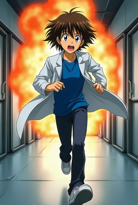  Shinji has medium-length straight brown hair and blue-gray eyes . He's also very thin, Wear your uniform, What is a scientist's coat, a blue t-shirt,  dark pants and white sneakers running from an explosion behind him. He's running down a corridor with a ...