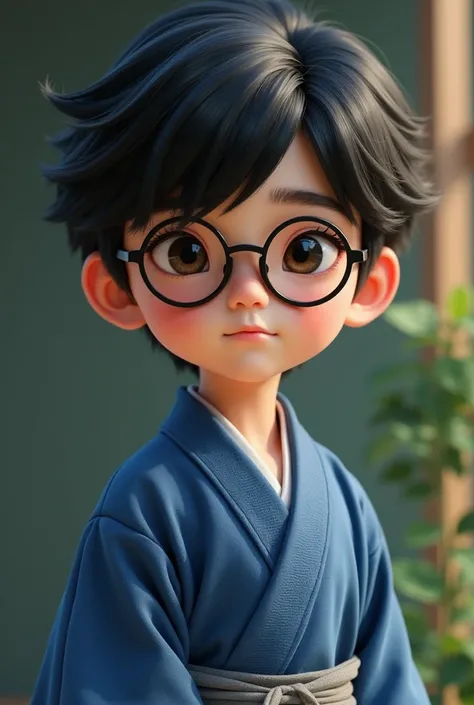  full-bodied  boy with full lips, with short straight hair, Black and split on the side , with blue kimono and gray belt, Of glasses with a round black frame,  dark brown eyes, rosto oval disney