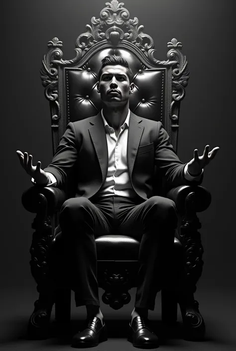 Cristiano Ronaldo sitting on a throne with an open raised hand and black and white background 