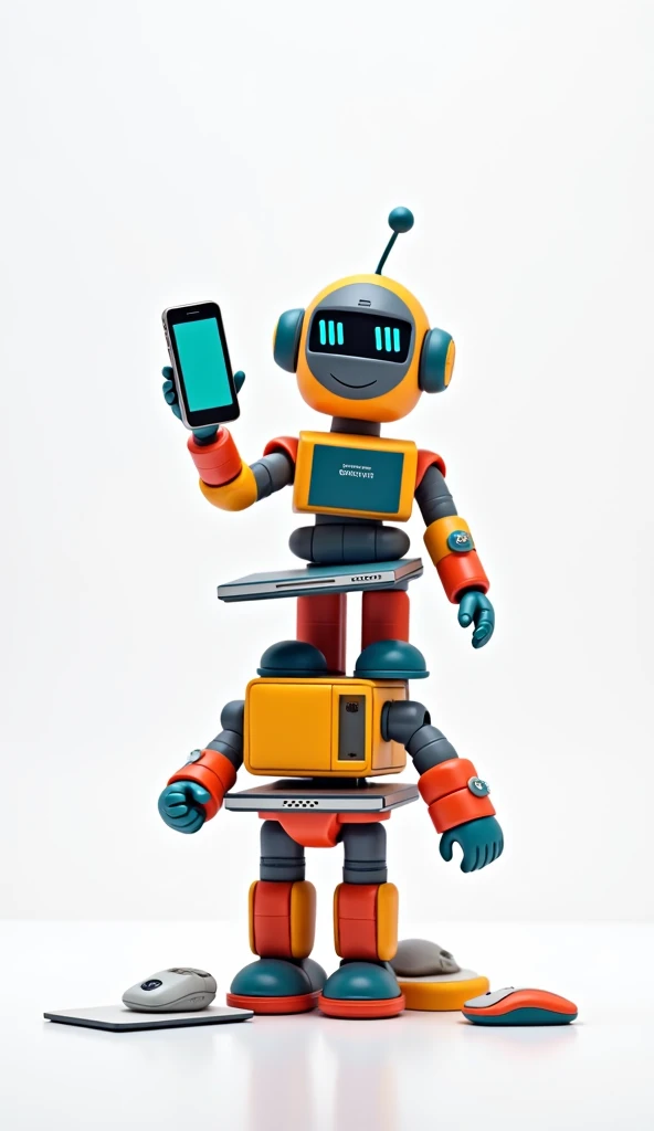 Figure of a colorful little robot balancing various electronic devices on a white background