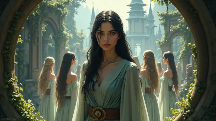 A beautiful professional illustration of the half-elven Arwen of Lord of the Rings along with other elves at beautiful and intricate Rivendell.