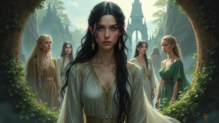 A beautiful professional illustration of the half-elven Arwen of Lord of the Rings along with other elves at beautiful and intricate Rivendell.