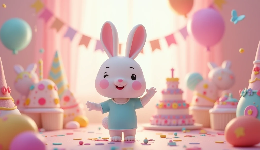 Cute many white bunny with light blue clothes tender dancing on line animada 3d in the magic party, rainbow serpentines and confetti, pastel colored baloons, party, eating birthday cake tower, Cartoon, flowers and butterflies, soft colors, extremely cute l...