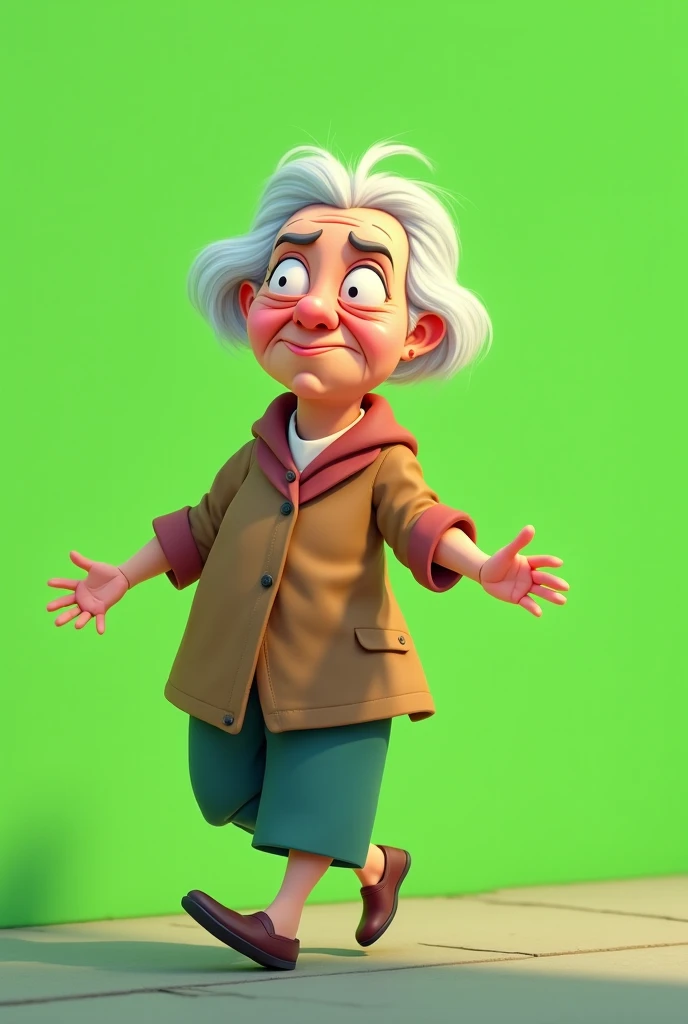 Create a cartoon of a grumpy elderly woman with her entire body walking to the left, blinking her eyes, moving her hands, grumpy expression and at some point she says two words. The green background