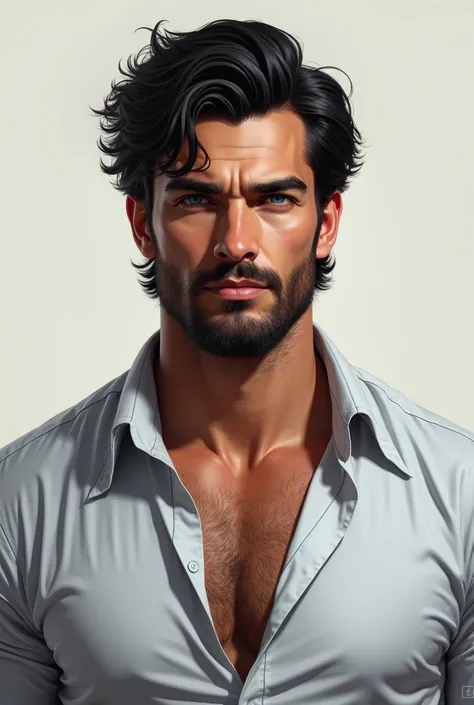 Realistic drawing illustration of a handsome man similar to Gonçalo Texeira, cabello negro, beard,  blue eyes,  muscular,  dress shirt