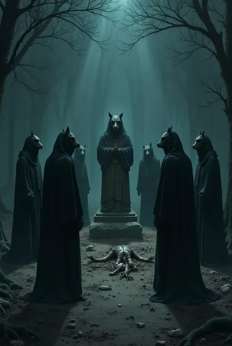 horror style, group of people wearing black coats and animal masks in a forest at night, surrounding a statue with s and human parts on the ground