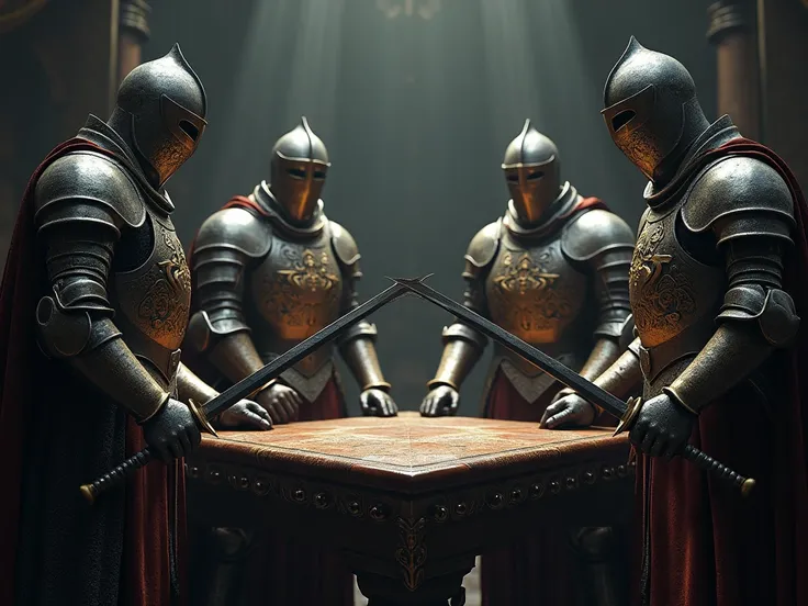 four heavy-armoured knights pointing their swords at the center of a square table forming a circle between them