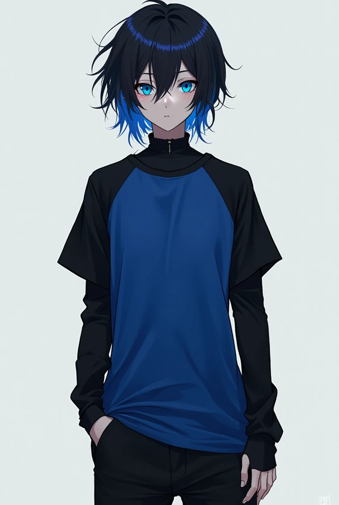 Create a boy with medium-length black hair and blue locks, long sleeve black t-shirt under a blue t-shirt underneath, a black pans and a scar near the eye