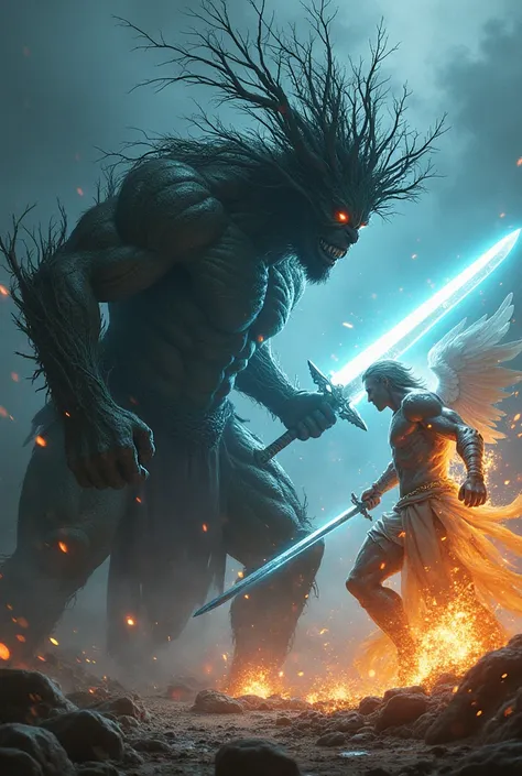 create an image of a tree an extremely strong night very muscular human body plus tree head with a thick steel sword and around that steel sword bright Neon light fighting a very strong muscular angel with a white angel fire sword