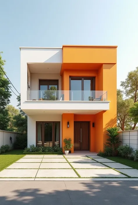 A luxurious house with pale orange and white paint. Electric wire on its fence with car park