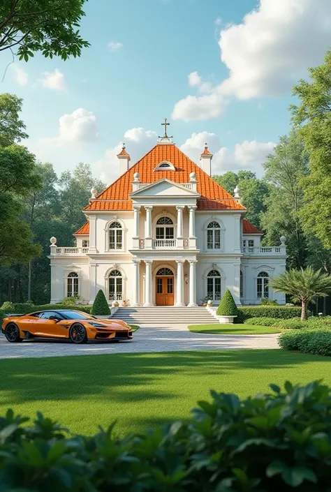 A white and orange mansion with two cars with a huge grass park