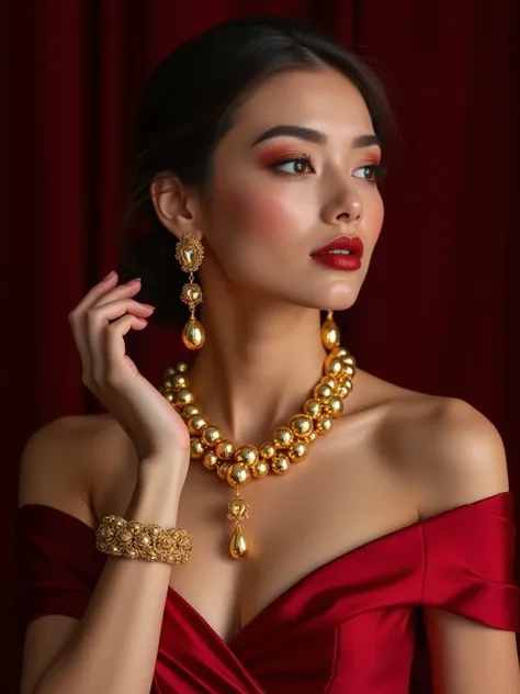   Create one-style women's jewelry set.  Elegant woman shows off jewelry . The set consists of a ring , neck pendants , Earrings,  and wrist bracelet . The set is dressed for an elegant woman .  Shiny gold jewelry .  Made from small gold balls ,  intrinsic...