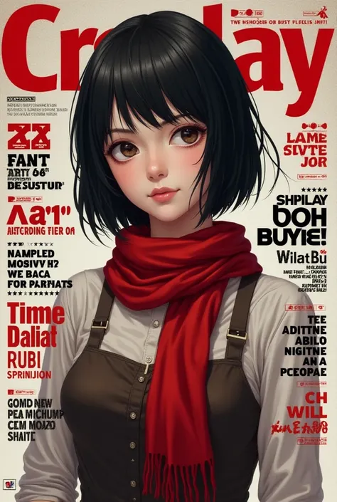 Create a hyperrealistic Mikasa Ackerman magazine cover (Hyperrealism) as the protagonist of the cover and with background texts as if it were a real magazine.  outfit. Hyperrealism. Live action magazine.  short hair.  typical costume .  red scarf around th...