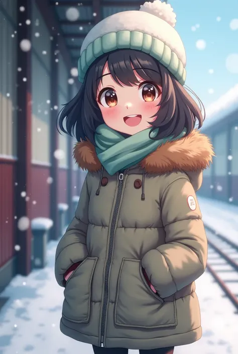 Smiling anime girl with short curly black hair and white mint hat, Wearing a padded windbreaker jacket with brown fur at a train station and it's snowing