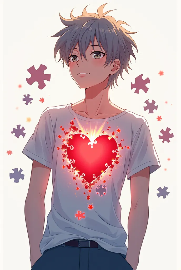 Draw an anime character who collapses into small pieces of a puzzle and his heart becomes visible  пол мужчина 
