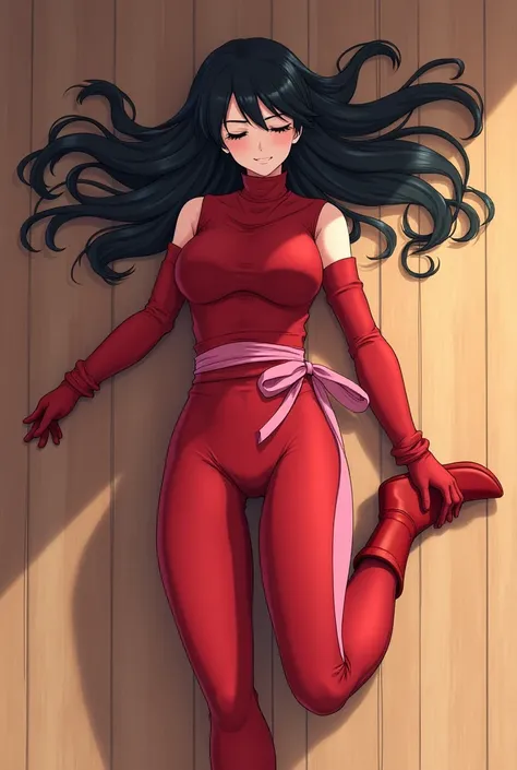 Adult girl lying on the floor,  red ninja costume that doesn't cover your arms and legs, Have a pink ribbon around your waist and wear red boots and red gloves, Long-haired dark-haired, Keep your eyes closed, your left leg is extended and your right leg is...