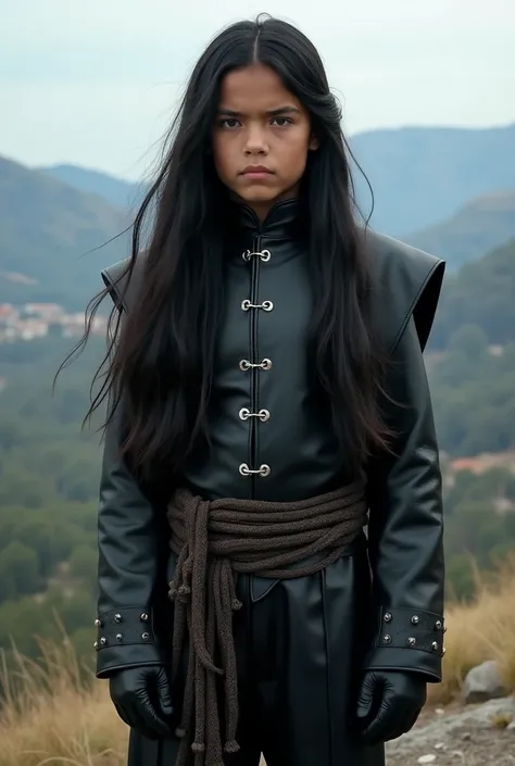 Live action Native American young tween boy with VERY Long Flowing Black Hair, With Brown eyes, with a Blank Emotionless Stoic Expression, Wearing VERY Long Sleeved Baggy Black Leather Warlock Outfit With Black Leather gloves, And Long Pants Standing on to...