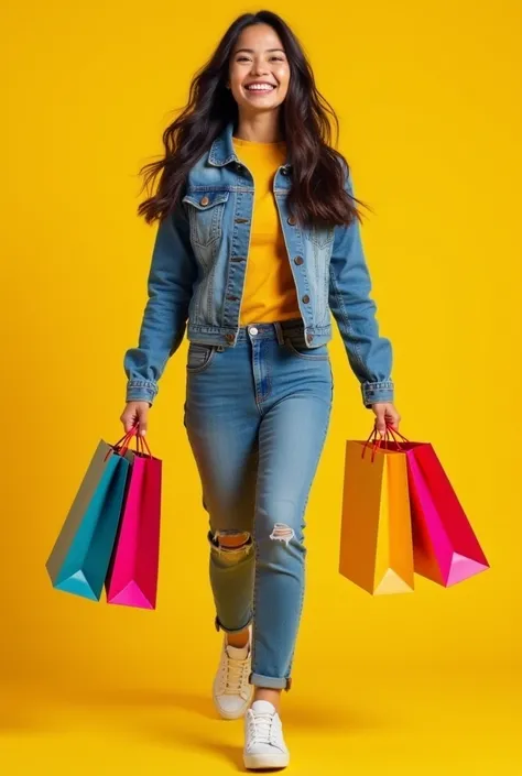 Create an image of a young Latina woman with long dark hair, happily walking with vibrant colored shopping bags. She is wearing a faded denim jacket and jeans, feeling happy and energetic as she walks, full length. The background should be a solid bright y...