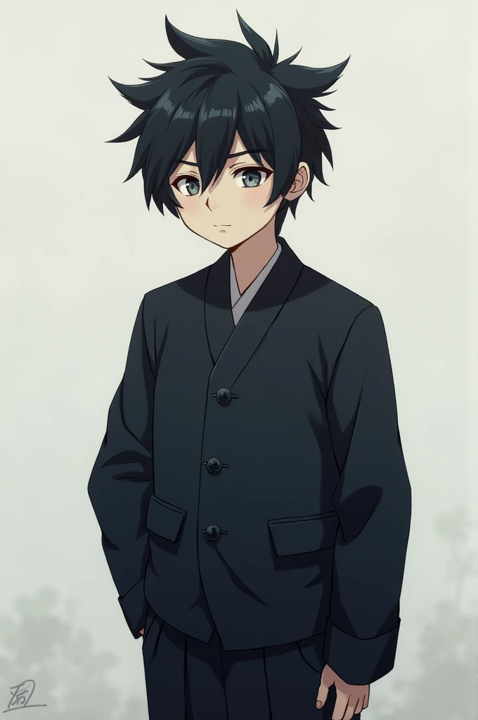 A 14-year-old boy with muted grayish-purple eyes and slightly spiky, loose black hair styled in a wolfman fashion. His expression is calm and neutral, as if he does not care much about his surroundings. He wears a traditional Japanese school uniform, consi...