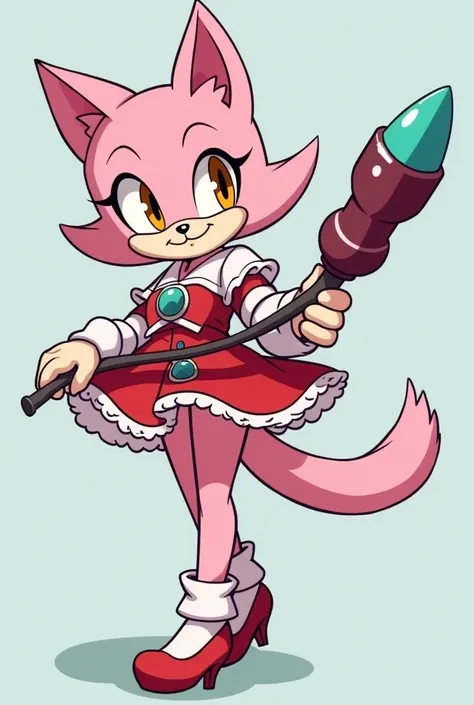 Wasp character cat girl with light pink fur coat, birch eye color ,  in a dress, shoes slightly on small heels and with a whip-shaped weapon burgundy handle, and the tip is turquoise cartoon-style  "Sonic" 