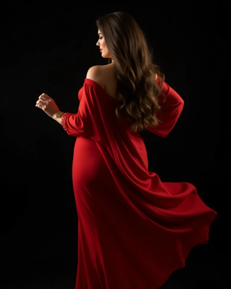 Realistic 4k image, close-up of a woman with a voluptuous body from behind, with long brown hair, dressed in red exotic Arabic dance clothes, moving her body and hands as if she were dancing. Black background behind her