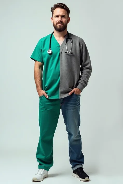 A man appears with two different characters :  in the first half, wearing a formal medical uniform with green surgical pants, medical shoes, and white socks, to reflect his career in the field of medicine . In the second half, the same man, but in casual c...