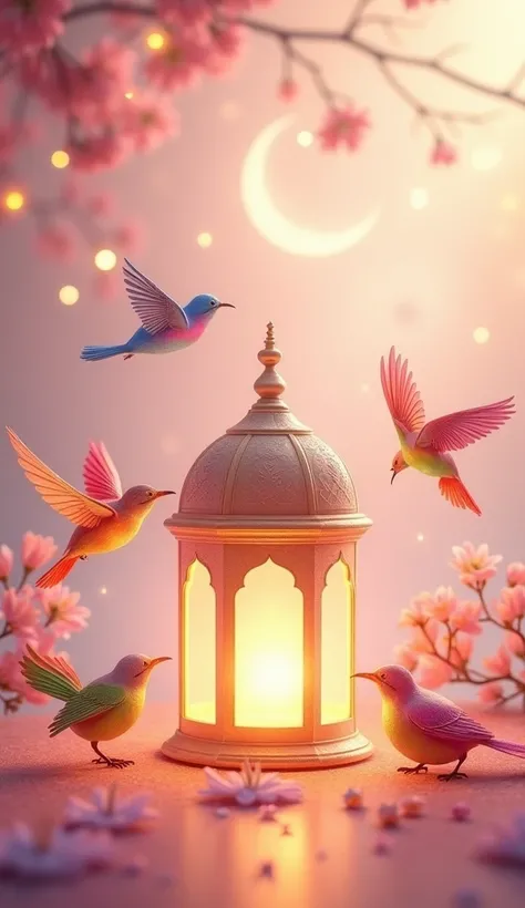 A light pink background with a glowing lantern, a Ramadan crescent moon, and colorful birds drawn on it.