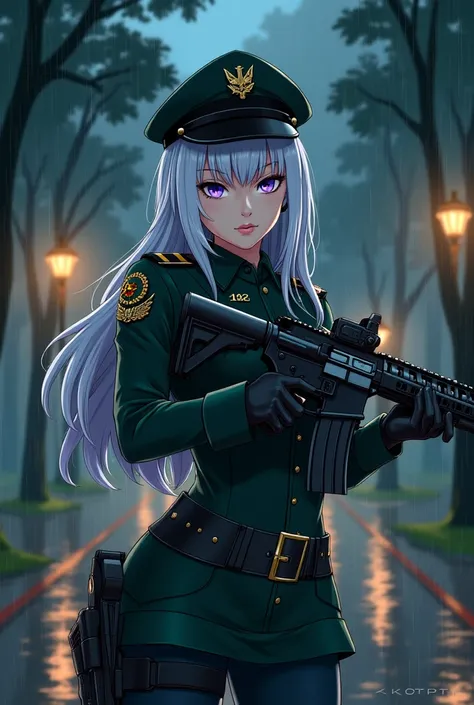 silver-white hair and piercing violet eyes. She wears a dark green military uniform, reinforced with armored plating and embedded tactical systems. And make sure she has a army hat and she has several badges and he has no leggings but her army uniform top ...