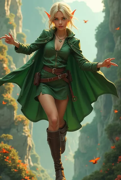 young beautiful blonde female elf with short hair, leather shirt, short green skirt, green cape, long brown leather boots, modern look, flying