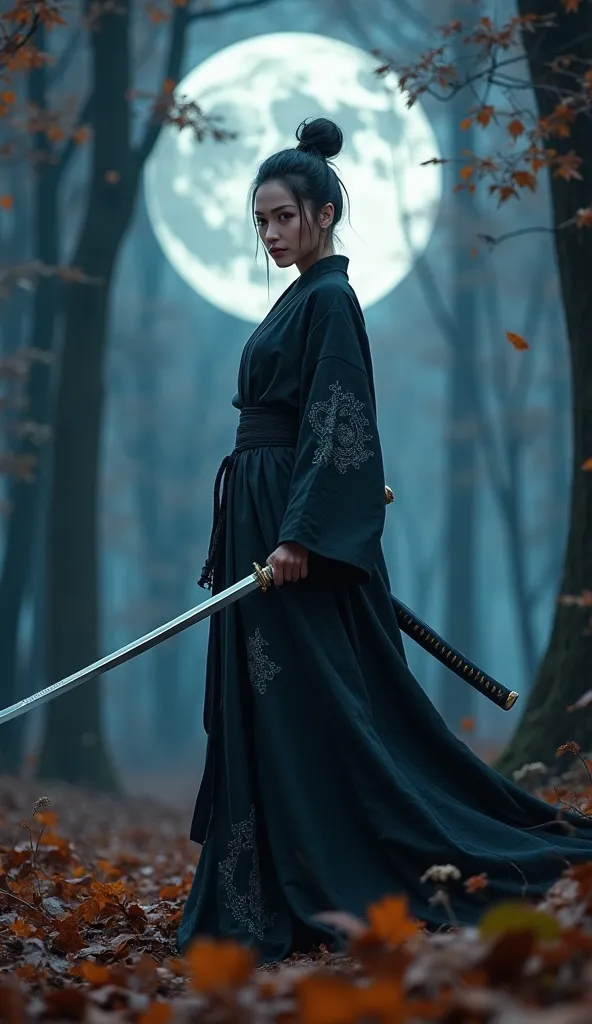 A fierce female warrior stands in an enchanted forest during a moonlit night. Cloaked in an intricately designed black kimono, she grips a gleaming katana, embodying strength and elegance. Surrounding her, autumn leaves drift softly to the forest floor, il...