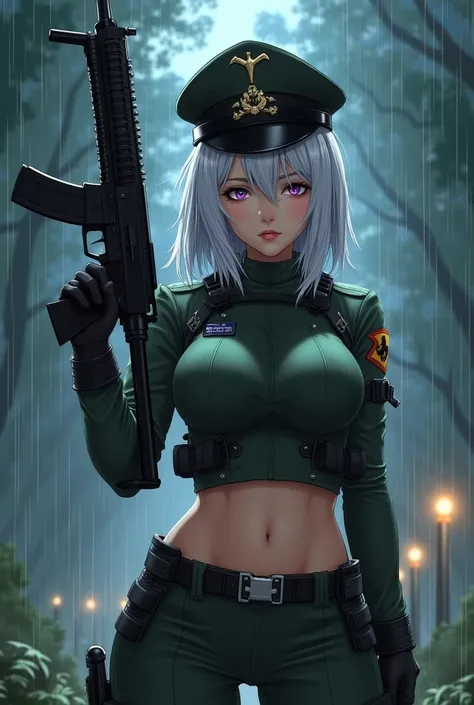 silver-white hair and piercing violet eyes. She wears a dark green military uniform, reinforced with armored plating and embedded tactical systems. And make sure she has a army hat and she has several badges and he has no leggings but her army uniform top ...