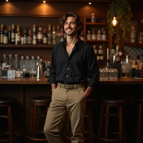 Full body length of a dark brown haired green eyed man wearing a black cream linen shirt and tan colored pants standing in a bar looking at the stage with a smile